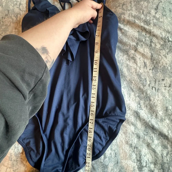 Polo Ralph Lauren Swimsuit Size Large Navy Blue One Piece Scoop Back Ruffle Pony - Picture 13 of 16